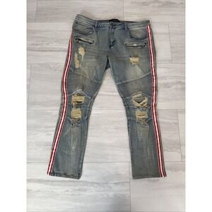 VTG Traffic Jeans Men Blue Distressed Denim Zipper Red Stripe Down Legs 38x32